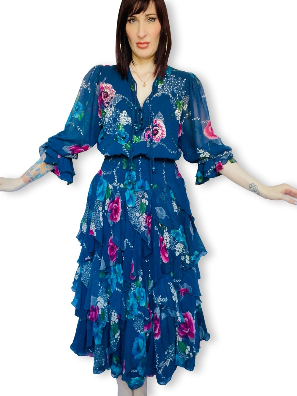 Vintage DIANE FREIS 1980s Silk Chiffon Floral Rose Print Ruffled Dress